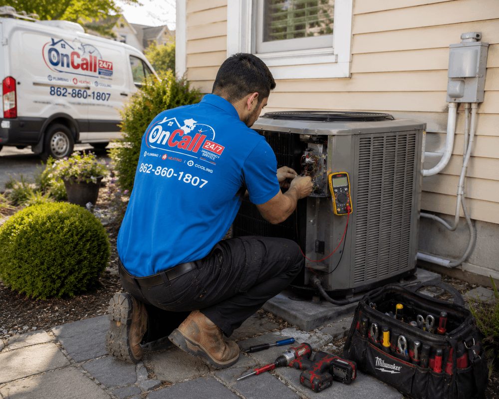 On Call NJ HVAC technician using a multimeter to diagnose an outdoor air conditioner condenser in Northern New Jersey