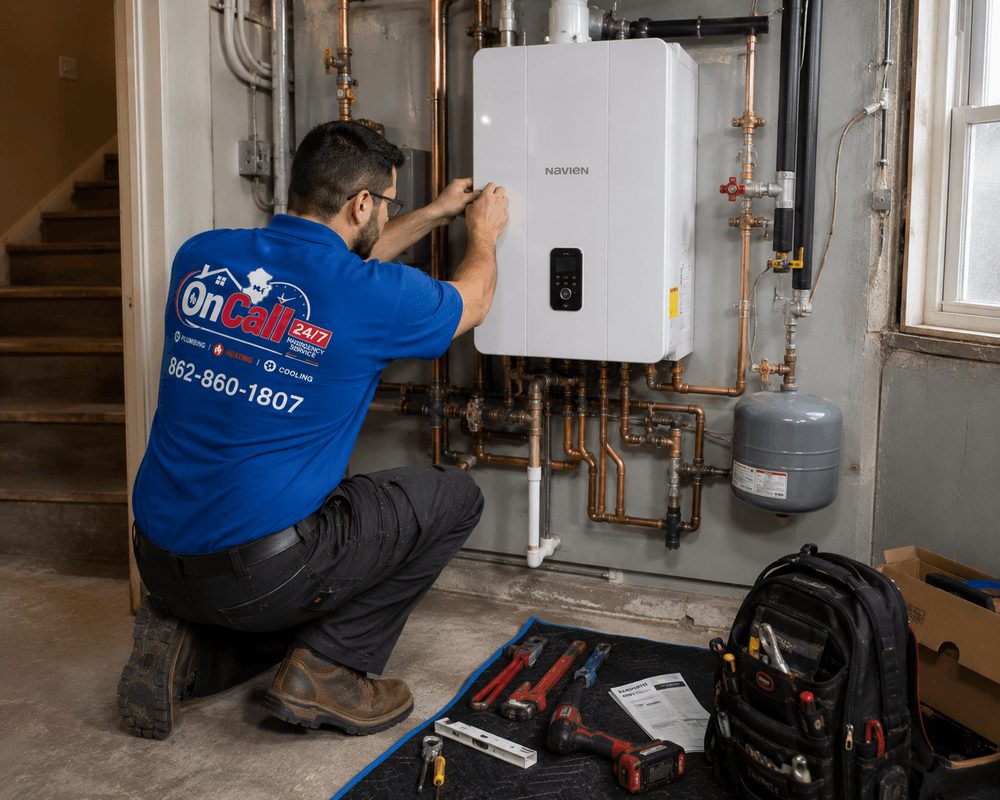 Boiler Installation by On Call NJ On Call NJ technician installing a Navien tankless boiler with copper piping in a New Jersey home