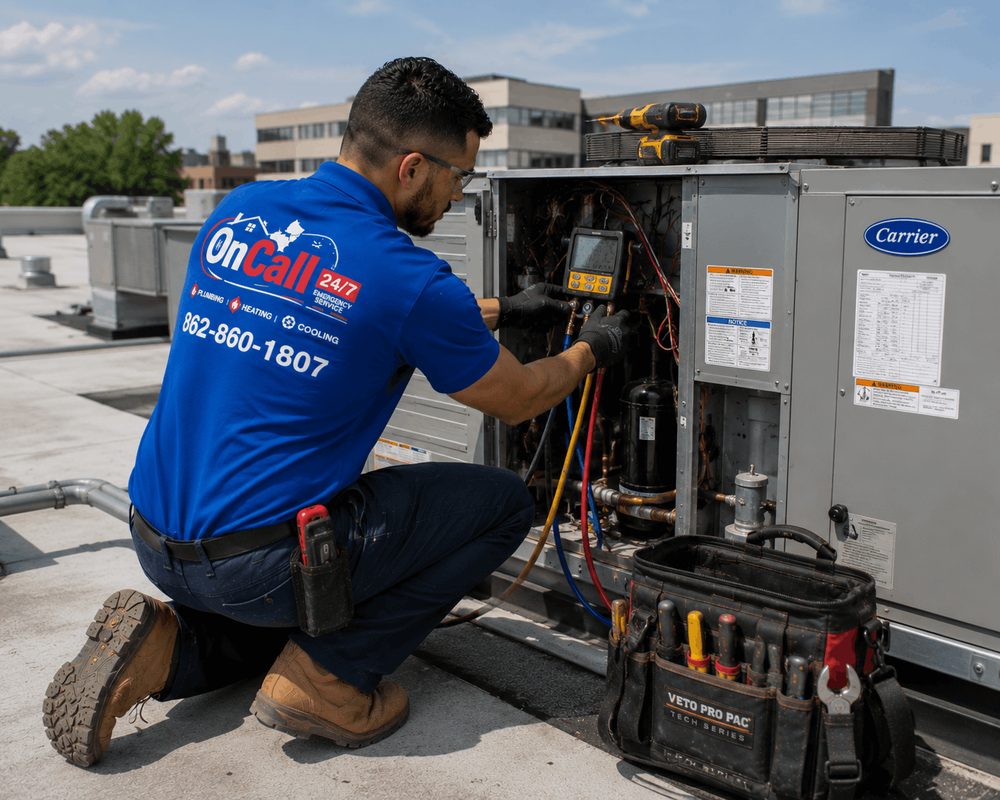 Commercial HVAC Service by On Call NJ On Call NJ technician servicing a rooftop Carrier commercial HVAC unit in Northern New Jersey