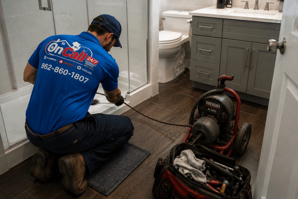 Professional Drain Cleaning by On Call NJ On Call NJ plumber using a RIDGID K-400 drain machine to clear a clogged bathroom drain in New Jersey