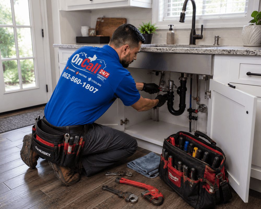 On Call NJ emergency plumber repairing plumbing under a kitchen sink in a Northern New Jersey home