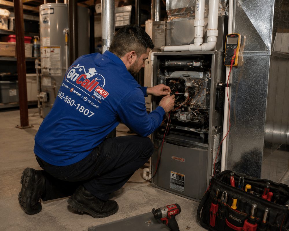 On Call NJ heating technician repairing a Lennox gas furnace in a New Jersey basement