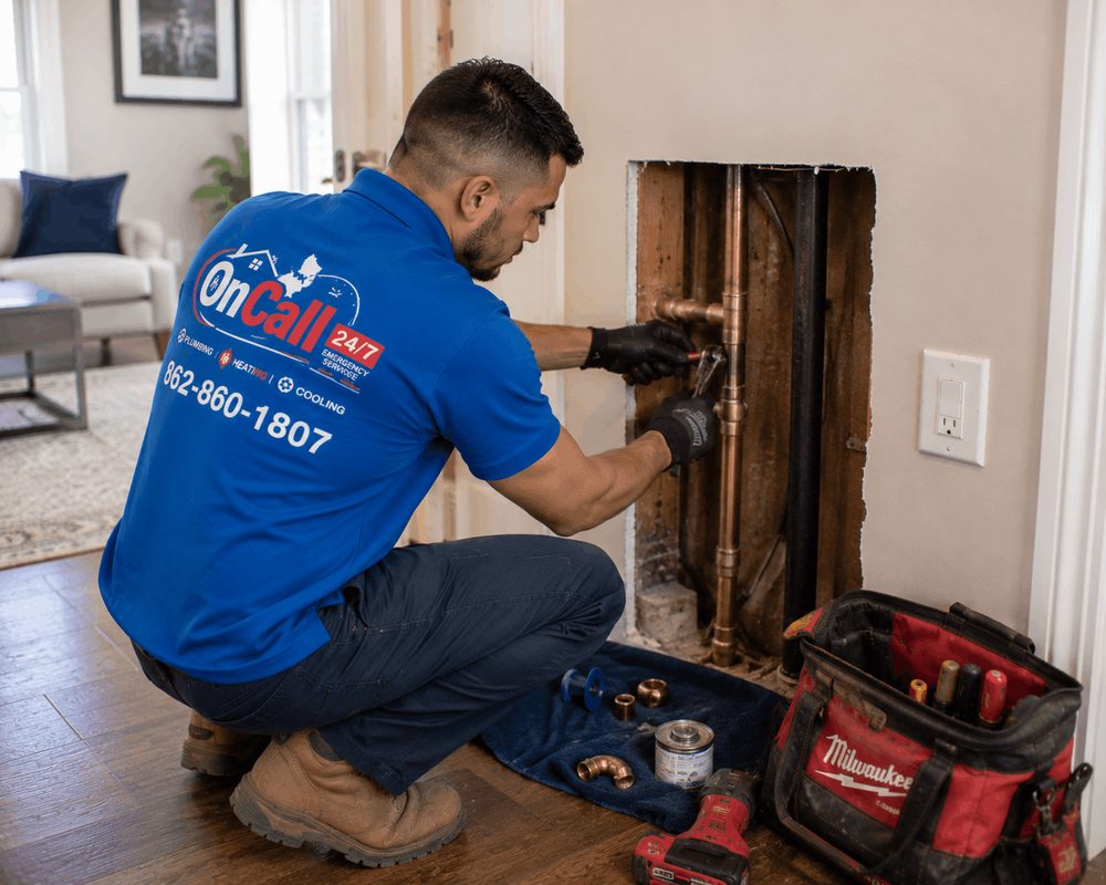 Pipe & Leak Repair by On Call NJ On Call NJ plumber repairing a copper pipe leak inside a wall cavity in a New Jersey home