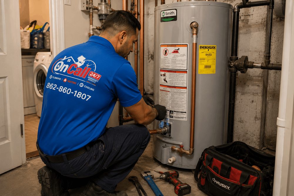 On Call NJ plumber installing an A.O. Smith water heater in a Northern New Jersey basement